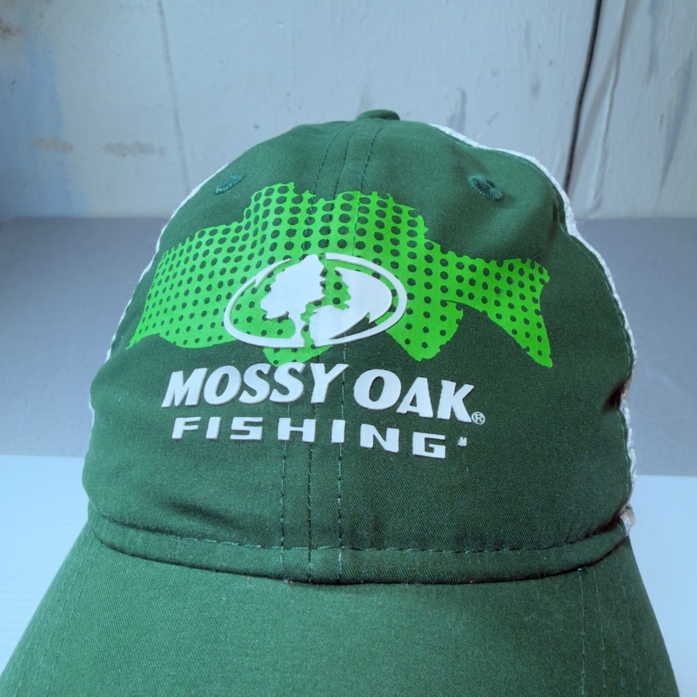 Mossy Oak Fishing Logo Trucker Hat Green White Mesh Adjustable, Spring, Summer